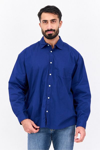 GAP Men Stretch Fit Plain Long Sleeves Poplin Casual Shirt, Dark Royal Blue