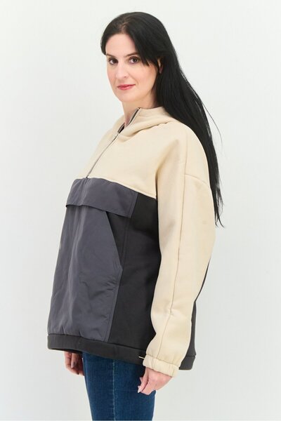 Steve Madden Women Hooded Long Sleeve Colorblock Sweatshirts, Beige