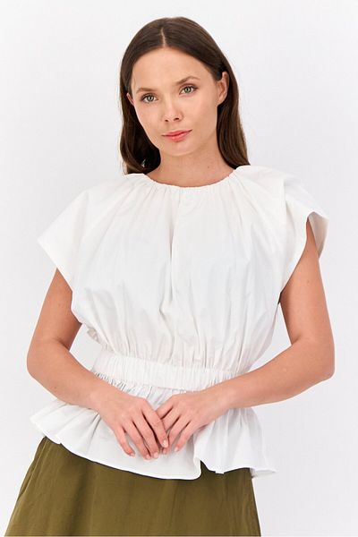 Esprit Women Ruffle Neck Cap Sleeve Ribbed Top, Off White