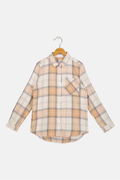 GAP Kids Girl Spread Collar Plaid Long Sleeve Shirt, Multicolor