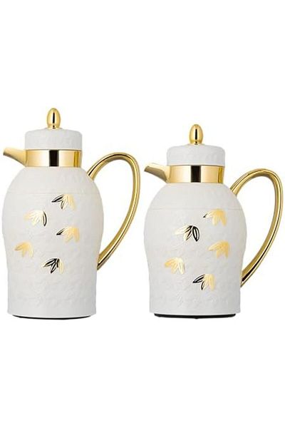 ALSAIF Coffee And Tea Vaccum Flask Set In Ivory/gold / Leak-proof And Keeps Drinks Hot 1.0/0.7 Liter