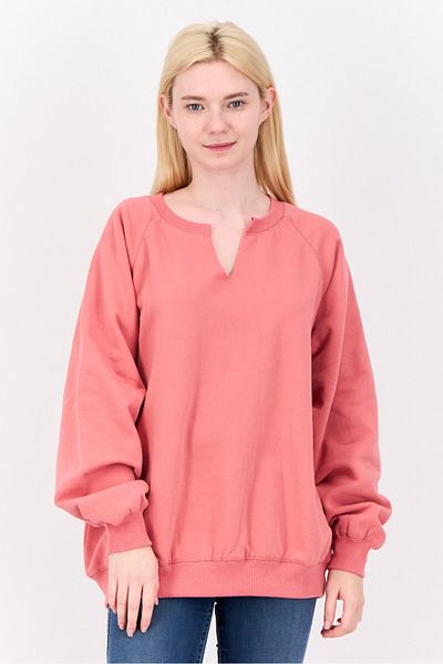NIA Women Split Neck Long Sleeve Plain Sweatshirts, Coral