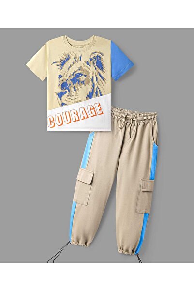 Ollington St. Ollington St. 100% Cotton Knit Half Sleeves T-Shirt With Print & Cargo Joggers - Beige