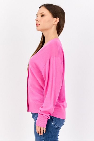 Esprit Women Solid Through Button Detail Cardigan, Dark Pink