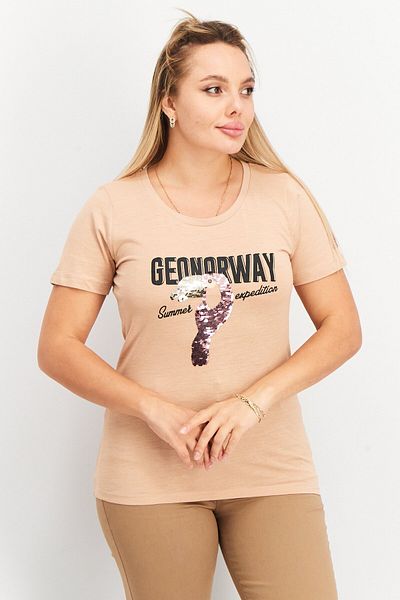 Geographical Norway Women Crew Neck Short Sleeve Sequins Detail Top, Old Pink