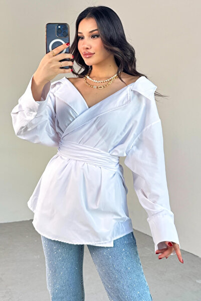 Cappmoda Gml-13259 White Double Breasted Collar Tie Asymmetrical Cut Shirt