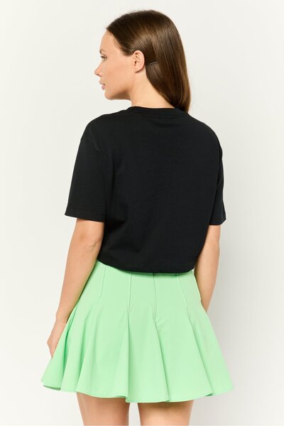 Esprit Women Crew Neck Short Sleeve Embroidered Logo Crop Top, Black