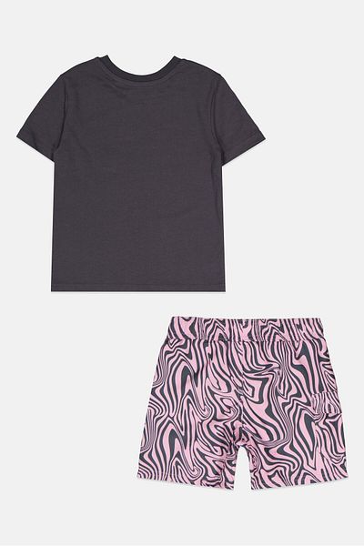 Reebok Kids Girl 2 Pieces Brand Logo T-Shirt and Shorts Set, Grey/Pink