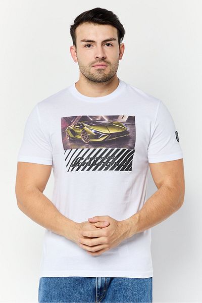 Lamborghini Men Crew Neck Short Sleeves Brand Logo T-Shirt, White