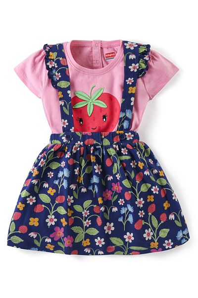 Babyhug Babyhug Cotton Knit Half Sleeves Top & Floral Printed Skirt Set With Strawberry Applique-Pink & Blue