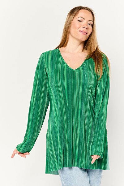 CYRUS Women V Neck Long Sleeve Striped Tunic Top, Green