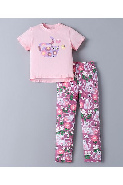 SAPS SAPS 100% Cotton Cats & Floral Graphic Short Sleeves T-Shirt & All Over Printed Pants Set - Pink