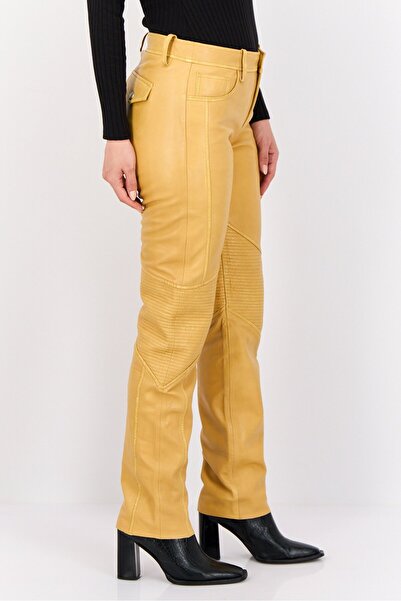 Esprit Women Regular Fit Textured Straight Leg Leather Pants, Mustard