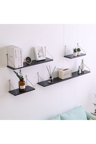 Old_Feller 4-Piece Black Floating Wood Shelves with/Metal Brackets, Free Install Tool