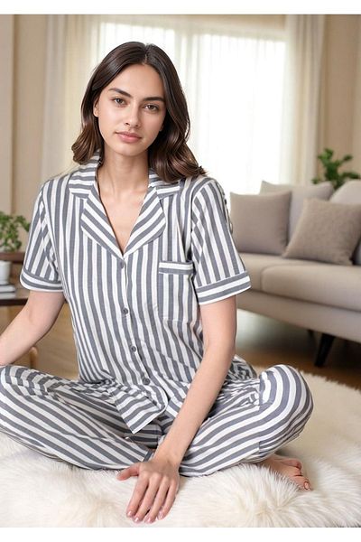 White Velvet Women's Striped Gray Color Shirt Pants Pajama Set