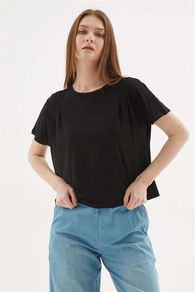 Fashion Friends Καφέ ντραπέ βισκόζη Crop μπλούζα