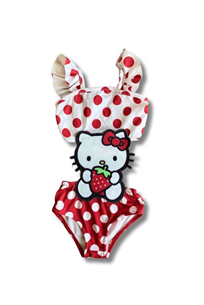 shop Kız Çocuk Hello Kitty Şekilli Kırmızı Beyaz Puantiyeli Fırfırlı Kol Lastikli Mayokini Çocuk Mayo