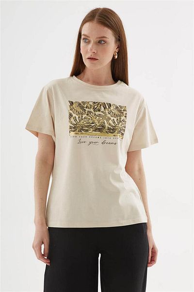 Fashion Friends Βαμβακερή μπεζ μπλούζα, εμπριμέ πέτρα 100%