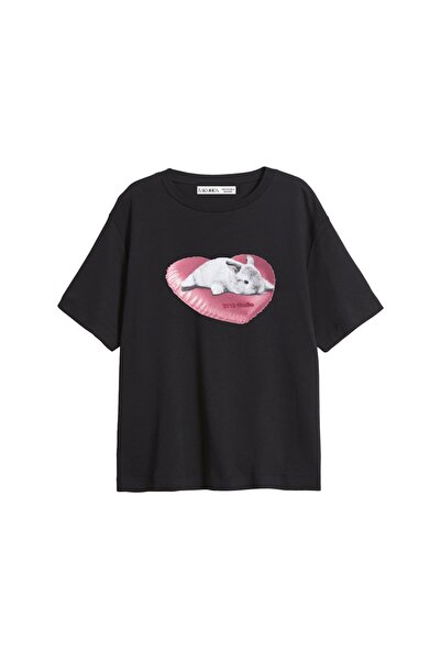 CİNEMA MODA Tricou negru pentru femei, cu imprimeu Bunny, cu potrivire relaxată