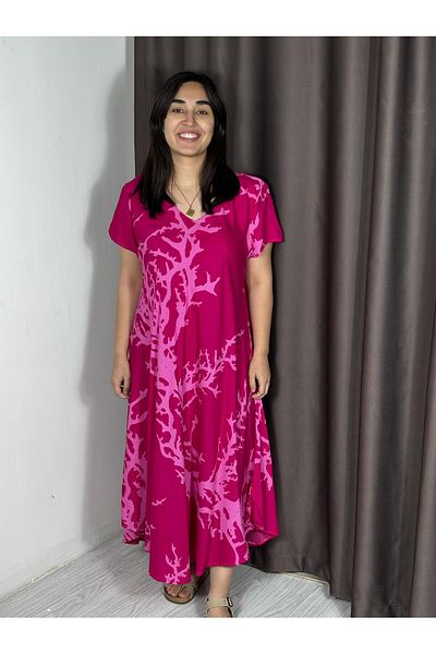 Sobe Hediyelik Pink Coral Patterned Picasso Summer Dress Flowy Fabric