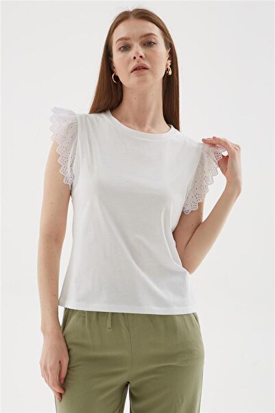 Fashion Friends Kolları Fistolu %100 Pamuklu Tişört Beyaz