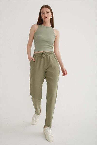 Fashion Friends Comfortable Stretchy Tie Waist Trousers Khaki