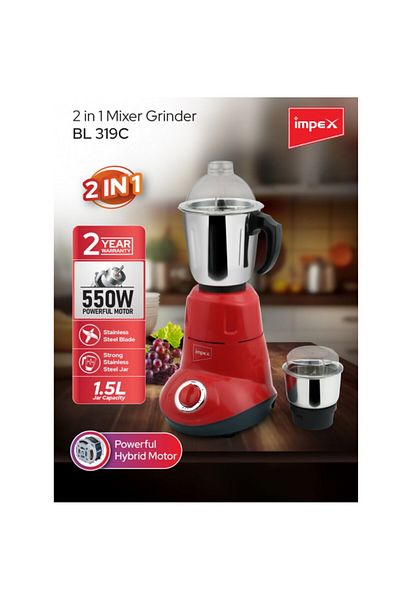 İMPEX Blender 2 In 1 Mixer Grinder, Powerful Motor, Stainless Steel Jars And Blade, 550 W BL 319C RED