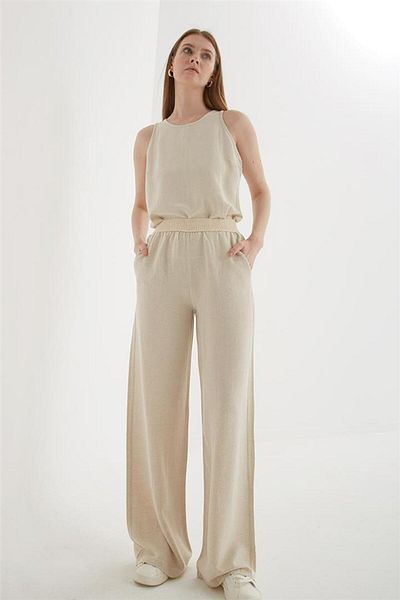 Fashion Friends Wide Leg Elastic Waist Linen Trousers