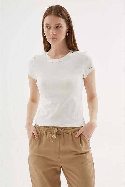 Fashion Friends 100% Cotton Staple Detailed T-Shirt Ecru