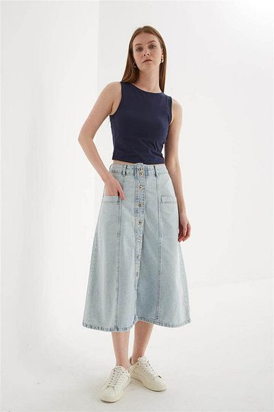 Fashion Friends Fusta midi din denim albastru