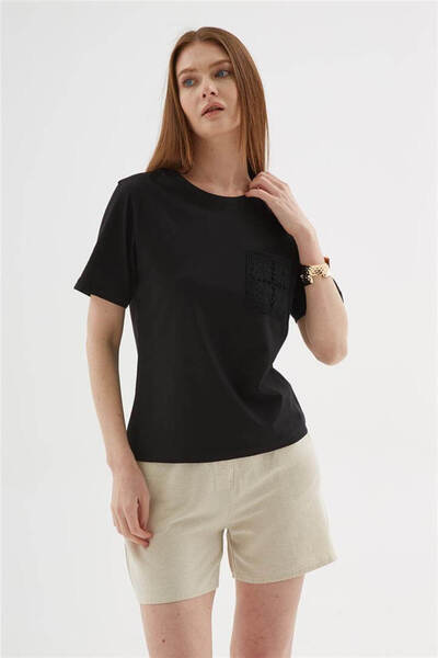 Fashion Friends Bluză din bumbac 100% cu buzunar croșetat Negru