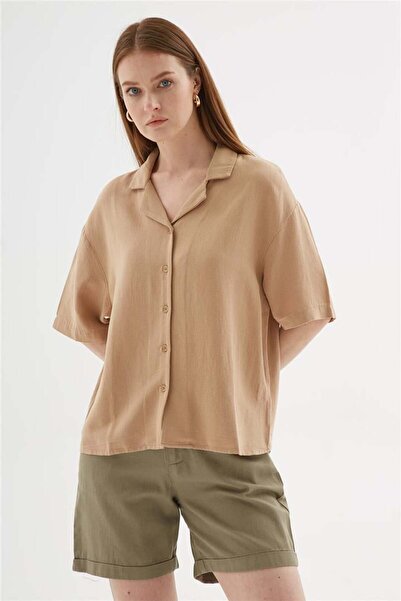 Fashion Friends Short Sleeve Linen Shirt Beige