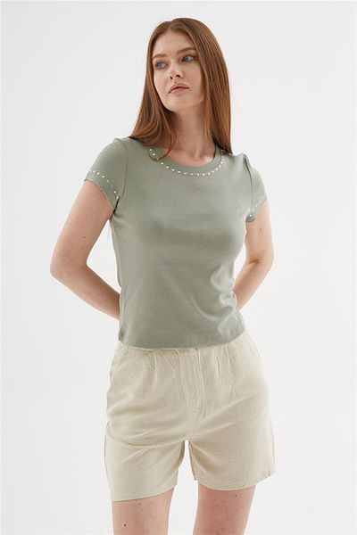 Fashion Friends 100% Cotton T-Shirt with Stud Detail Khaki