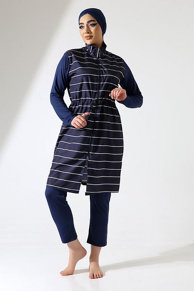 ZEYCEN Women's Hijab Zipper Detail Striped Full Covered 4 Piece Parachute Swimsuit