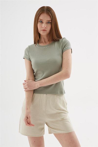 Fashion Friends 100% Cotton T-Shirt with Stud Detail Khaki