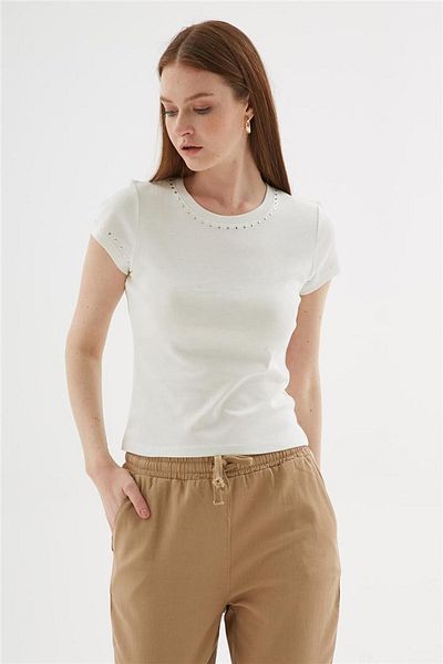 Fashion Friends 100% Cotton Staple Detailed T-Shirt Ecru