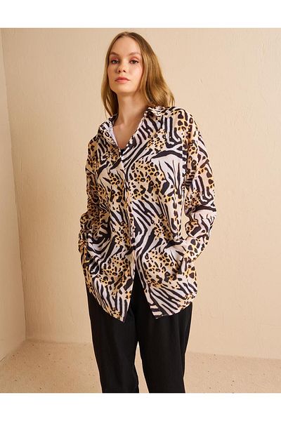 Kayra Dark Black Animal Print Shirt Collar Tunic