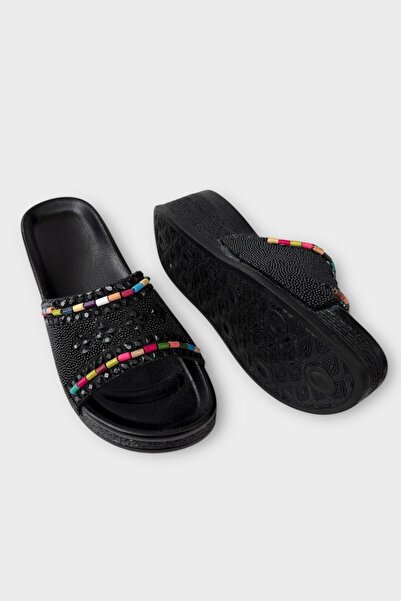 Liger Papuci de vară negri pentru femei, toc cu pană cu stras și stil Shlik acasă și de vacanță