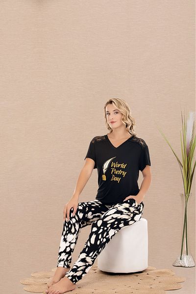 Lady Lingerie Set pijamale de damă cu mâneci scurte și decolteu în V cu detaliu pe umeri