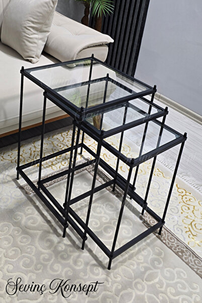 SEVİNÇ KONSEPT 3 lü Vera Black Şeffaf Camlı, Çok Amaçlı Metal Zigon Yan Sehpa