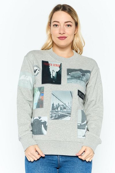 Emporio Armani Women Crew Neck Graphic Long Sleeve Sweatshirt, Grey