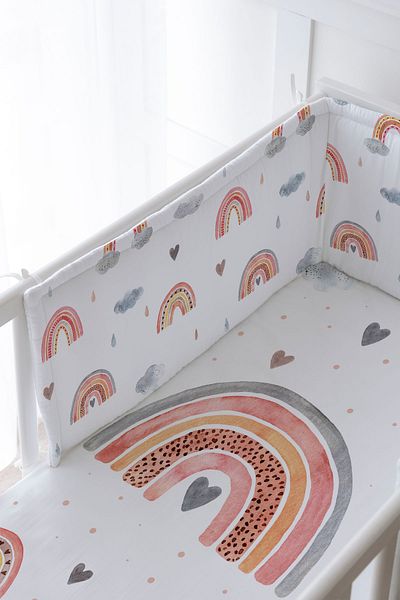 Tuğba Kuğu Baby Bedside Protector and Printed Sheet Sleeping Set - İconic Series - Salmon Rainbow