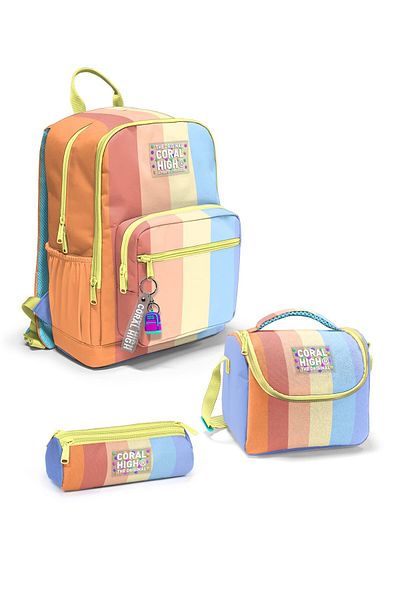 Coral High Colorful Striped 3-Piece School Bag Set Set0123680