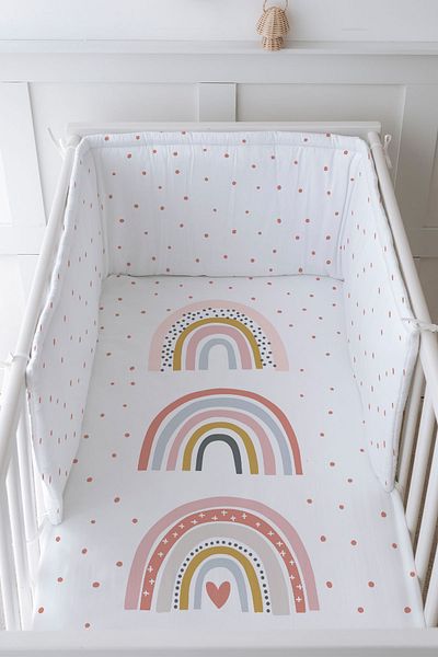 Tuğba Kuğu Baby Bedside Protector and Printed Sheet Sleeping Set - İconic Series - Triple Pink Rainbows