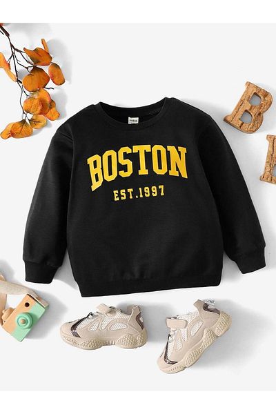 DUBU BUTİK Boston 1997 Cotton Kids Sweatshirt - Black Printed Girls Boys Winter Crew Neck