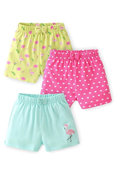 Babyhug Cotton Single Jersey Shorts With Flamingo & Heart Print Pack Of 3 - Pink Green & Blue