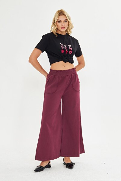 BELISTIL Bordo pantalone od platna sa elastičnim strukom i širokim nogavicama...