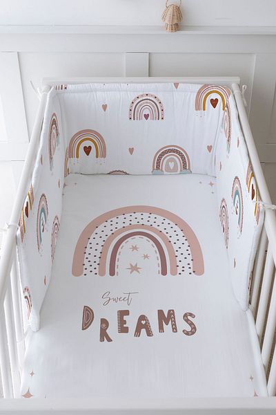 Tuğba Kuğu Baby Bedside Protector and Printed Sheet Sleeping Set - İconic Series - Salmon Star Rainbow