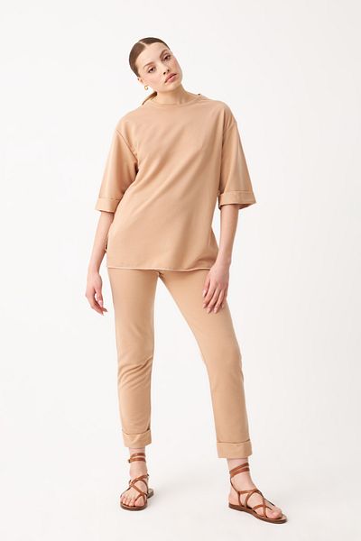 Know Women's Camel Crew Neck Double Sleeve and Leg Bottom Top Set