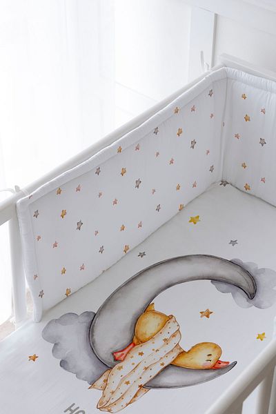 Tuğba Kuğu Baby Bedside Protector and Printed Sheet Sleeping Set - Pure Baby Series - Duck Sleeping on the Moon